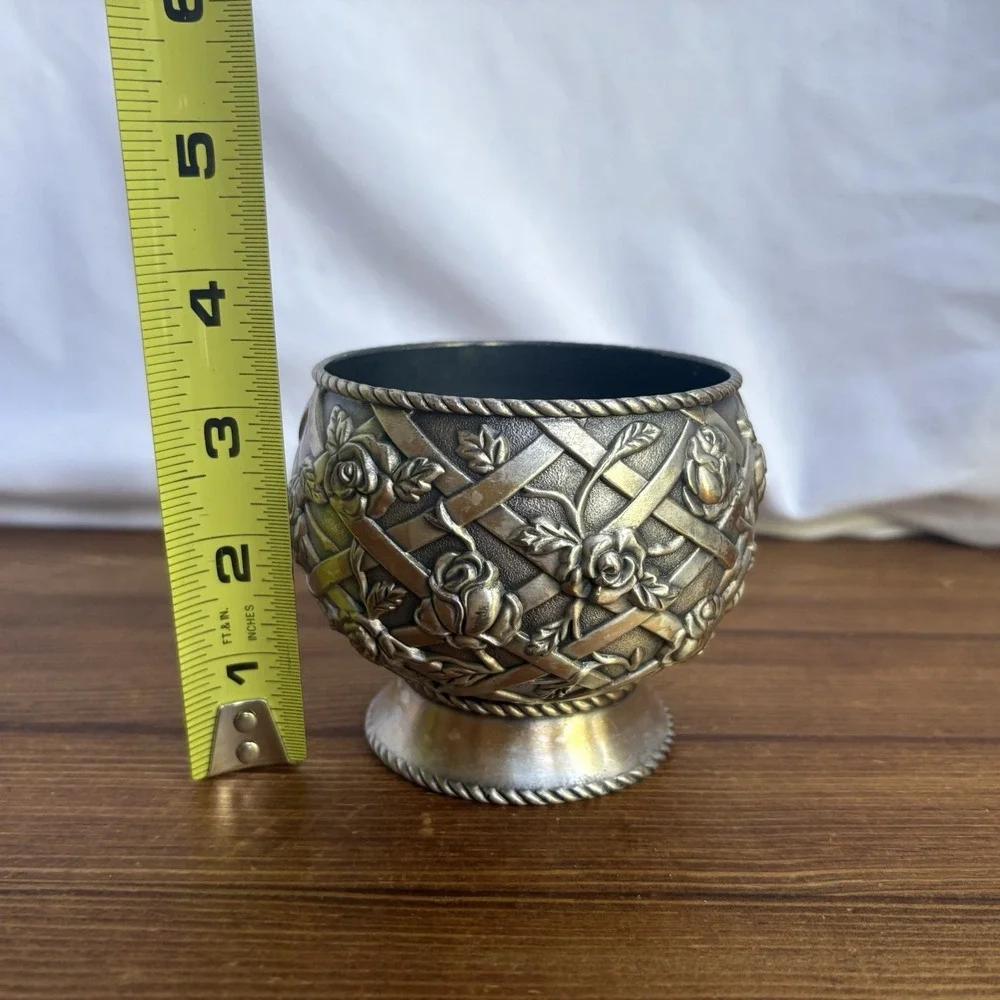 Vintage Ornate Rose Lattice Planter Cachepot Decorative Metal Bowl Vase Heavy